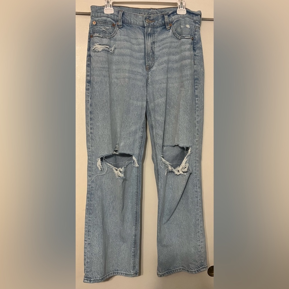AE STRETCH SUPER HIGH-WAISTED RIPPED ANKLE STRAIGHT LEG